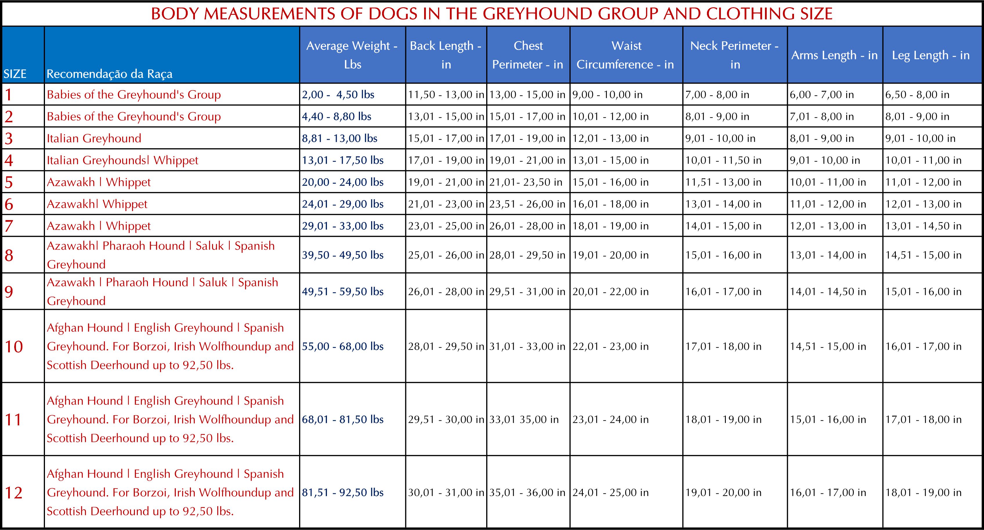 BODY MEASUREMENTS OF DOGS IN THE GREYHOUND GROUP AND CLOTHING SIZE